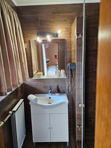 a bathroom with a sink and a mirror at Villa Szófia in Siófok