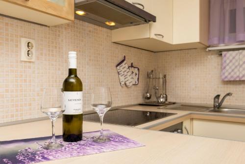 eine Flasche Wein und zwei Gläser auf der Küchentheke in der Unterkunft Wonderful House Sandra in Mali Lošinj