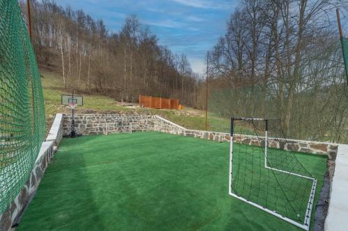 a basketball court with a net on a green field at Chata Hermann - Vernířovice in Vernířovice