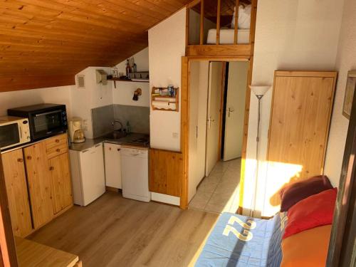 a room with a kitchen and a kitchenasteryasteryasteryasteryasteryasteryasteryastery at Appartement plein sud montagne et lacs in Habère-Poche