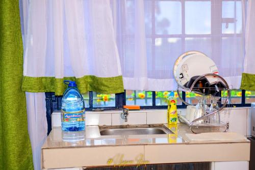 eine Küchentheke mit einem Waschbecken und einem Fenster in der Unterkunft Upper Haven Apartment in Kakamega