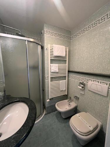 a bathroom with a sink and a toilet and a shower at HOTEL LUDOVICO ARIOSTO in Castelnuovo di Garfagnana