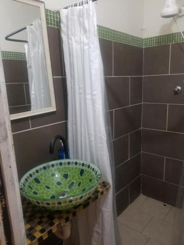 a bathroom with a sink and a shower at Alicia's lodge in Port-of-Spain