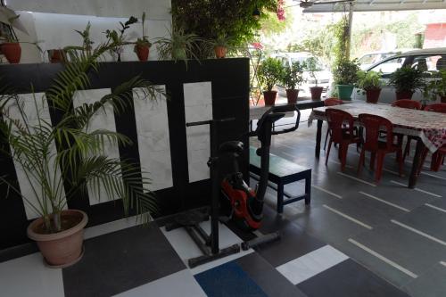 a patio with a table and chairs and plants at Homestay Urmil Basant in Jaipur