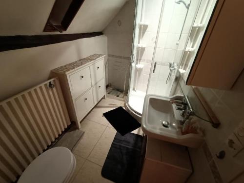 a small bathroom with a toilet and a sink at Maison sur 3 étages, proche de Disneyland in Jouarre