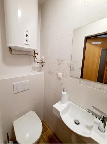 La salle de bains est pourvue de toilettes, d'un lavabo et d'un miroir. dans l'établissement Apartment Iskernik II. - High Tatras, à Vysoké Tatry