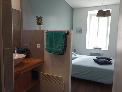 グリュイッサンにあるJolie Maison au centre du villageの小さなバスルーム(ベッド1台、シンク付)