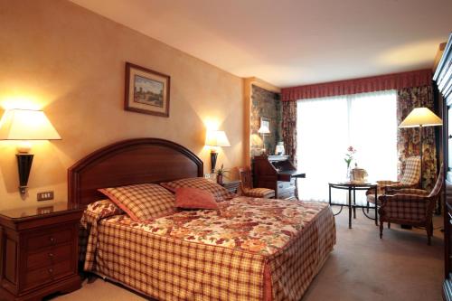 a bedroom with a bed and a desk and a chair at HOTEL & SPA El Castell de Ciutat in La Seu d'Urgell