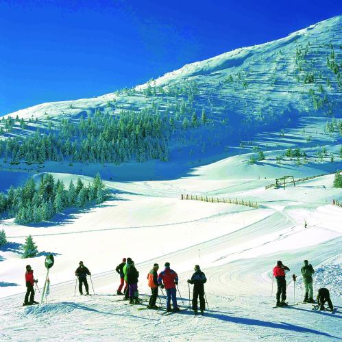 a group of people skiing down a snow covered slope at HOTEL & SPA El Castell de Ciutat in La Seu d'Urgell