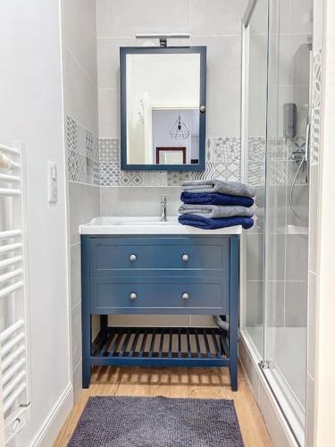 une salle de bain avec un lavabo bleu et une douche dans l'établissement Le Lodge - Bleu lavande, à Le Meux