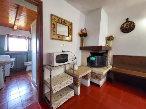 uma sala de estar com televisão e lareira em Casa Olivi Calmasino em Calmasino