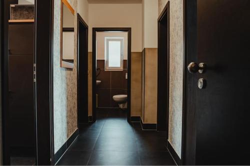 a hallway of a bathroom with a toilet and a window at 3-Zimmer-Oase-Cityapartment Bielefeld Mitte 401 in Bielefeld