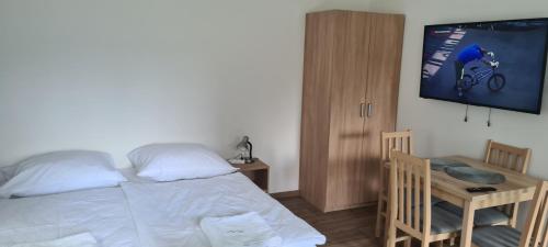 a bedroom with a bed and a tv on the wall at Apartmán u Toma in Frýdlant nad Ostravicí