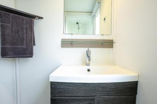 uma casa de banho com um lavatório e um espelho em Mobilhome au bois masson em Saint-Jean-de-Monts