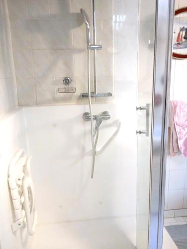 une douche avec une porte vitrée dans une salle de bain dans l'établissement Appartement charmant à Aix-en-Provence - 48m² - Balcon privé, à Aix-en-Provence