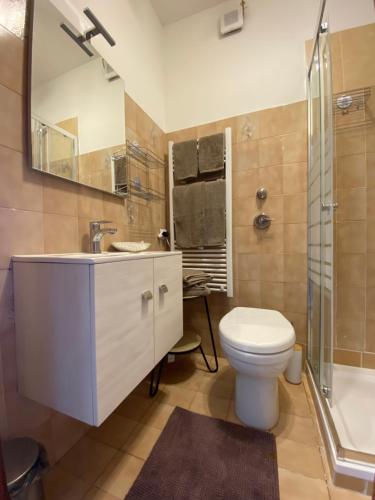 y baño con lavabo, aseo y ducha. en Appartamento 44, en Novara