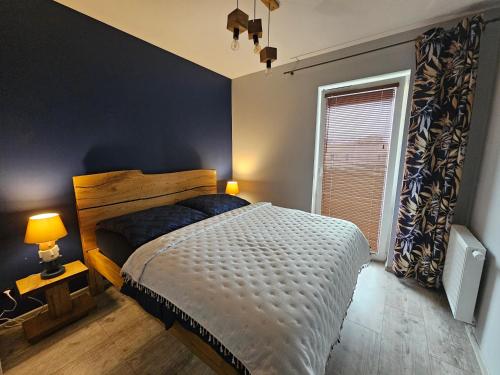a bedroom with a large bed and a window at Apartament Madlen Art in Olecko