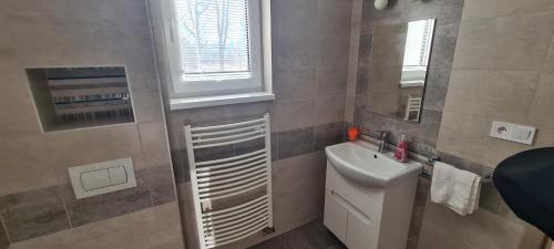a bathroom with a sink and a mirror at Apartmán u Toma in Frýdlant nad Ostravicí