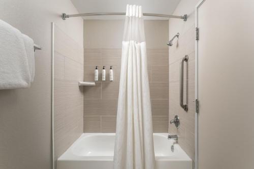 塔拉哈西的住宿－北塔拉哈西/10號州際公路費爾菲爾德客棧，浴室配有淋浴帘和浴缸。