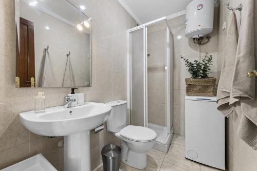 La salle de bains est pourvue d'un lavabo, de toilettes et d'une douche. dans l'établissement Piso Don Eduardo, à Arrecife