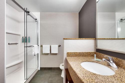a bathroom with a sink and a shower at Courtyard by Marriott Johnson City in Johnson City