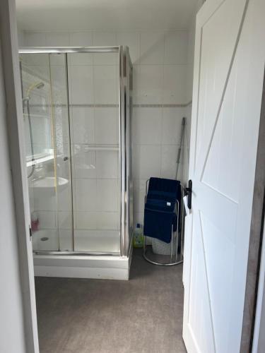 uma casa de banho com um chuveiro e uma cabina de duche em vidro. em The hidden cottage em Wythenshawe