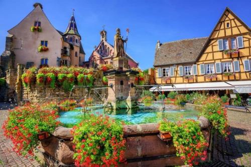 een fontein in een stad met gebouwen en bloemen bij Les Cotonnades (Colmar) in Wintzenheim