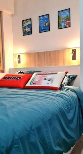 a blue bed with a red pillow on top of it at Ma Bulle d Aix superbe studio tout confort in Aix-les-Bains