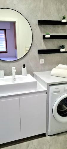 a bathroom with a sink and a washing machine at Ma Bulle d Aix superbe studio tout confort in Aix-les-Bains