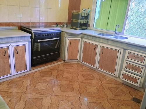 a kitchen with a stove and a sink at Comfort and quiet apartment in Ajloun