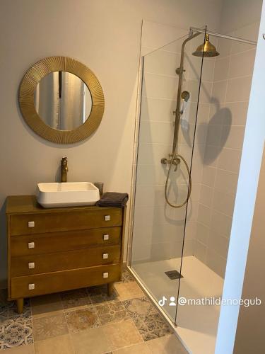 une salle de bain avec un lavabo et une douche dans l'établissement Chambre Californie - Old School, à Port-Joinville