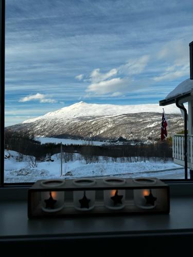 a view of a snow covered mountain through a window at Storfossen Hostel in Gratangen