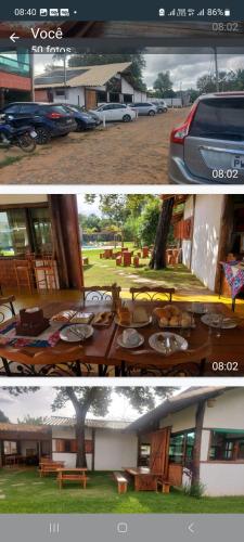 two pictures of a building with a table and a car at Pousada Real Cipo in Serra do Cipo