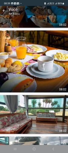 two pictures of a table with food and drinks at Pousada Real Cipo in Serra do Cipo