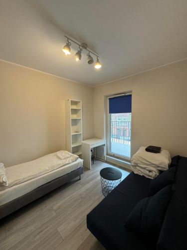 - une chambre avec un lit, un canapé et une fenêtre dans l'établissement Abra V Apartament, à Poznań