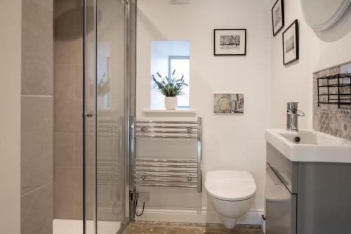 a bathroom with a shower and a toilet and a sink at Little Croft in Kettlewell