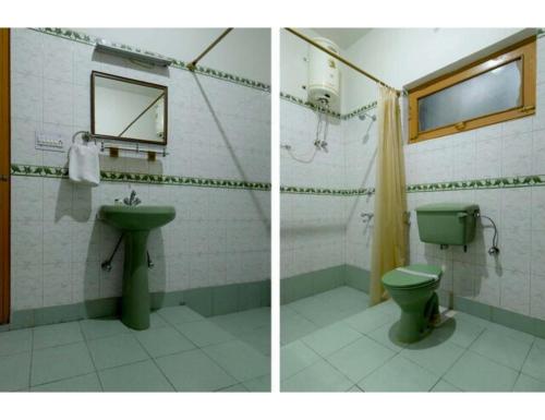 two pictures of a bathroom with a toilet and a sink at Acharya Cottage, Manali in Manāli