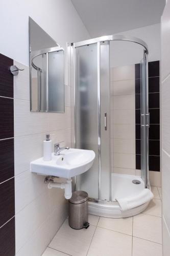 a bathroom with a sink and a shower at Agro Complex Apartments in Nitra