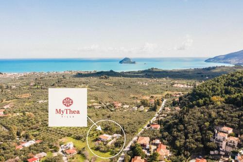 an aerial view of mykimer village and the ocean at MyThea Villa by "elite" in Lithakia