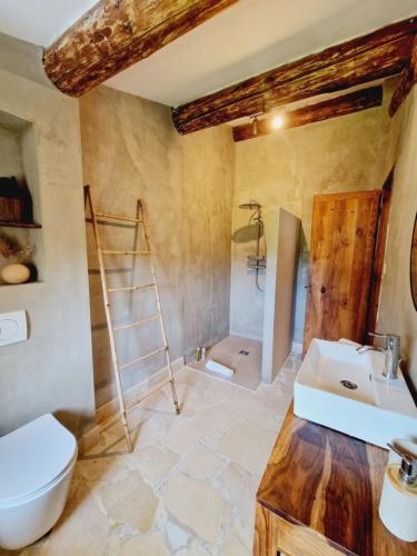 a bathroom with a toilet and a sink at Mas du Rollier Chambres d'hôtes in Eygalières