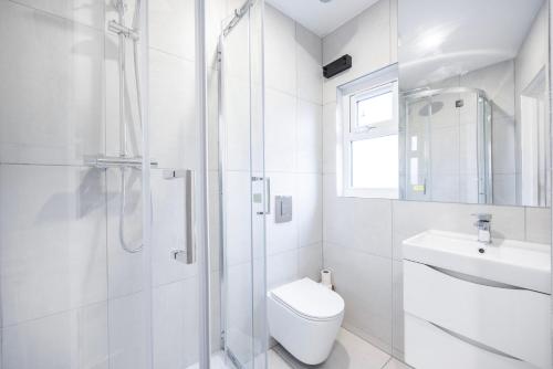 a white bathroom with a shower and a toilet and a sink at 1Bedroom Flat Central London NW3 in London