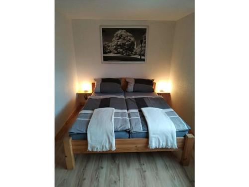 um quarto com uma cama grande e 2 candeeiros em Haus Barbara Modern retreat em Bad Brückenau