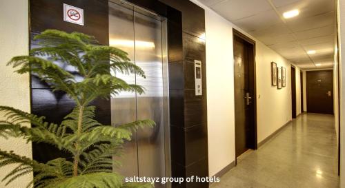 a hallway with a plant in a building at Saltstayz Thyme - New Friends Colony in New Delhi