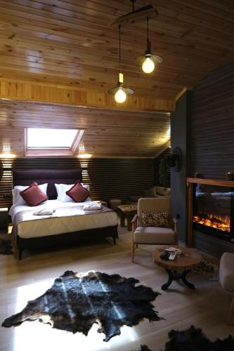 a bedroom with a bed and a fireplace at AYDOĞDU SUİT OTEL in Bolu