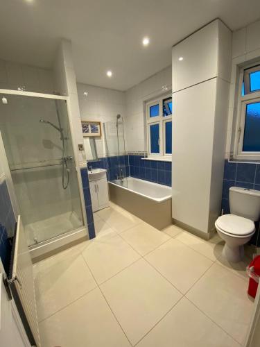 a bathroom with a shower and a toilet and a tub at [ Mushroom Room ] Double bedroom in NW in Hendon