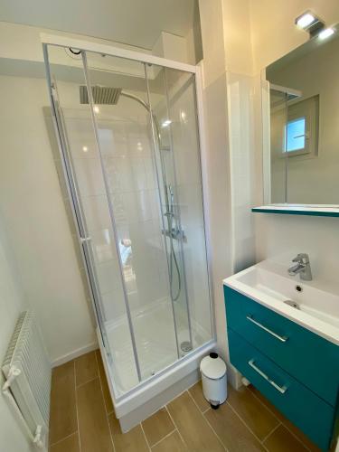 une salle de bain avec douche et lavabo dans l'établissement Les Dunes, à Le Portel