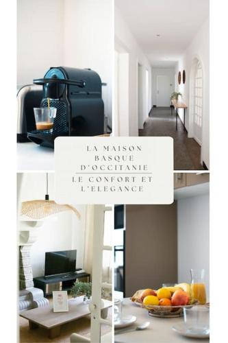 un collage de photos d'une pièce avec des fruits dans une corbeille dans l'établissement Le 17M - Maison Basque d'Occitanie Clim Jardin Parking, à Castelginest
