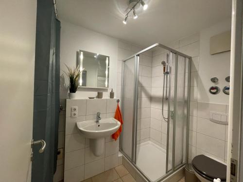 y baño con ducha y lavamanos. en Taunus-FeWo en Stierstadt