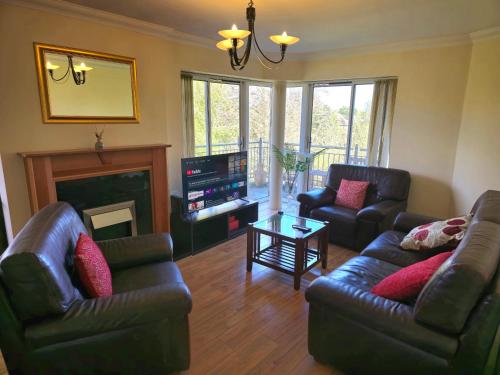 a living room with two couches and a fireplace at Gracian OMB Dublin Apartment in Dublin