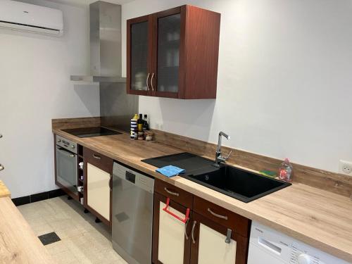 une cuisine avec un évier et un comptoir dans l'établissement Appartement 4 personnes St-Pierre-la-Mer proche commerces, à Fleury